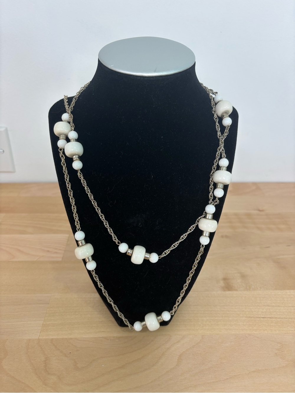 Layered White Bead and Silver Chain Necklace
